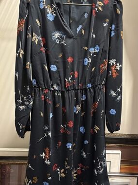 Navy Floral Long-Sleeve V-Neck Waist-Defined Dress